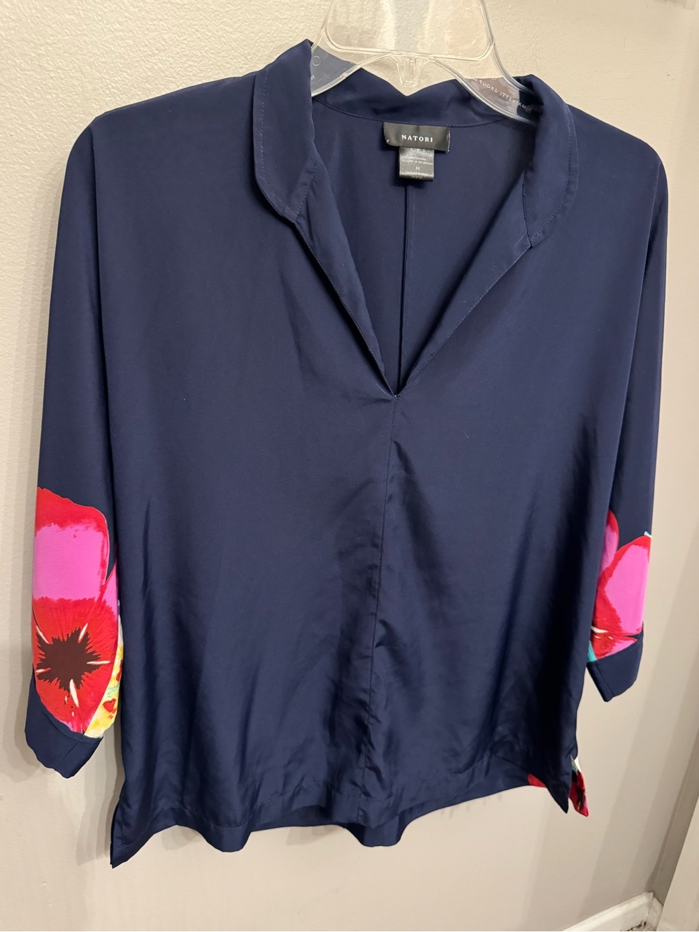 Natori Navy Blouse with Pink and Red Floral Cuffs